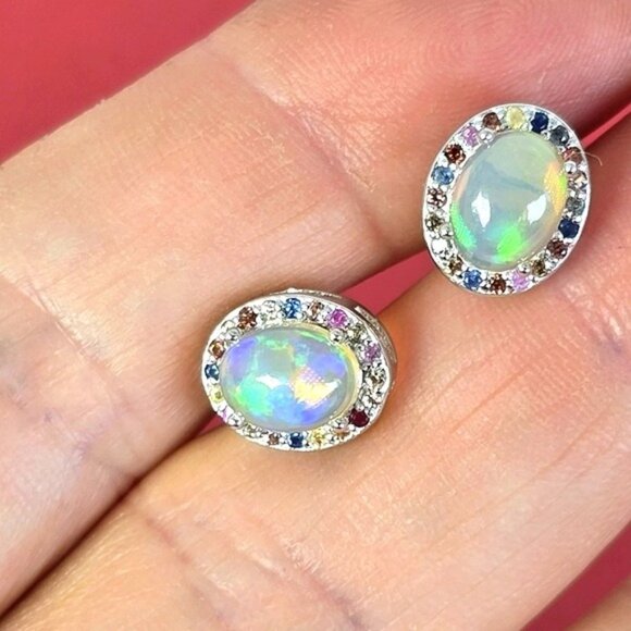 925 Sterling Silver Earrings with Natural White Opal 9x7mm & Sapphire Gemstone - Picture 5 of 6